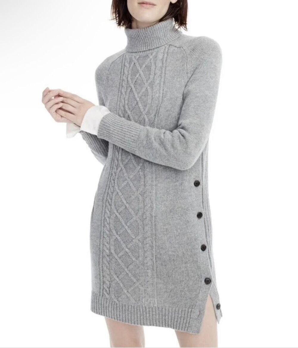 J. Crew Gray Cable-Knit Turtleneck Sweater Wool Blend Dress Large Knee Length